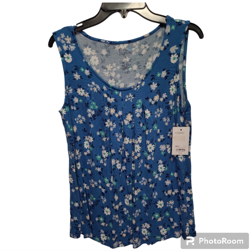 CROFT & BARROW Women Sleeveless Petite-Small Pleat Front Flower Blue Tank Top